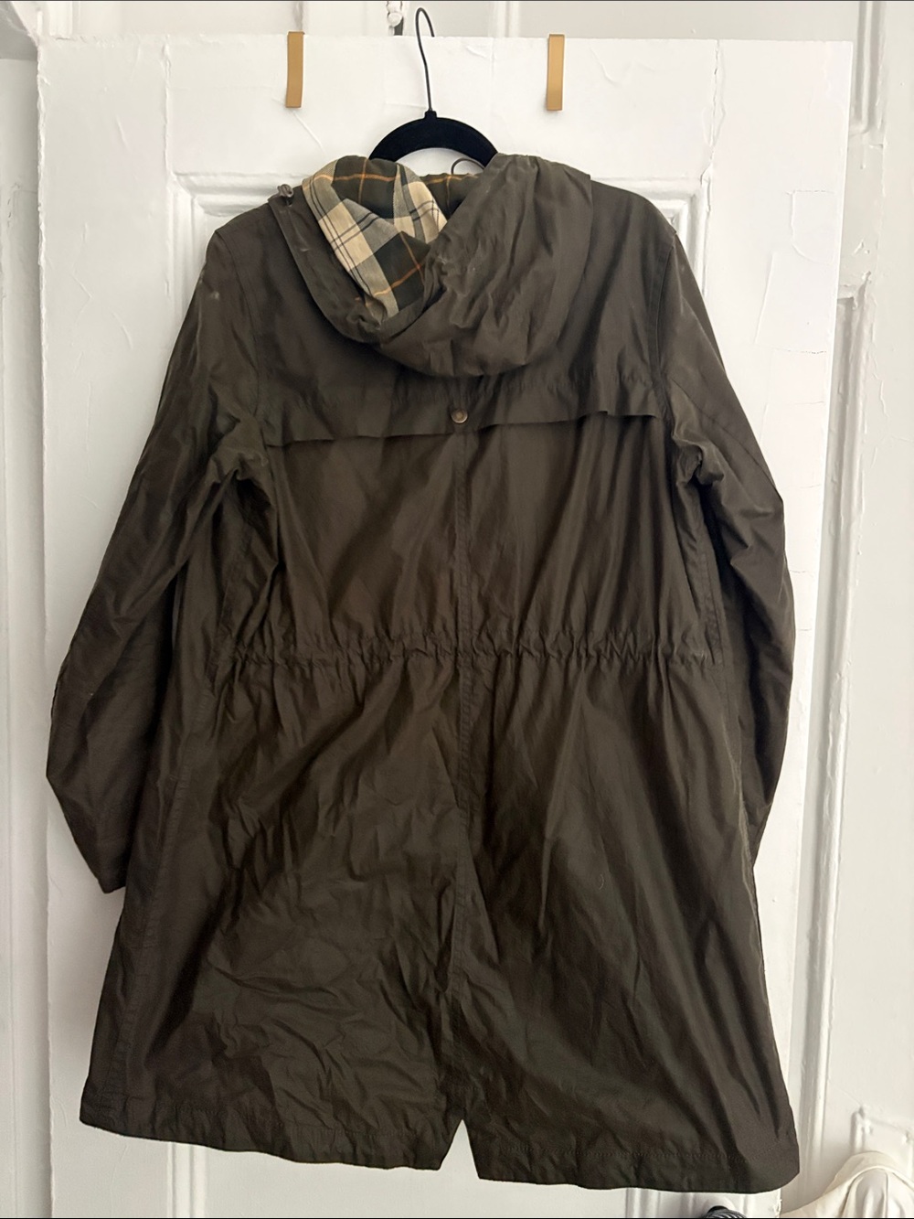 Barbour Olive Hooded Waxed Field Jacket with Tartan Lining - Picture 3 of 3